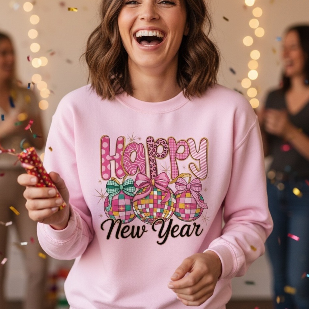 Happy New Year Pink Disco Sweatshirt White S M L XL New Checkers Polka dots - Picture 3 of 15